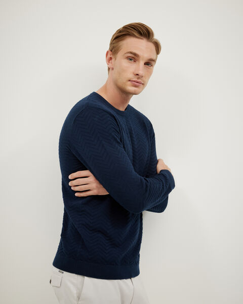 Lightweight Zig Zag Crew Neck Knit, Navy, hi-res